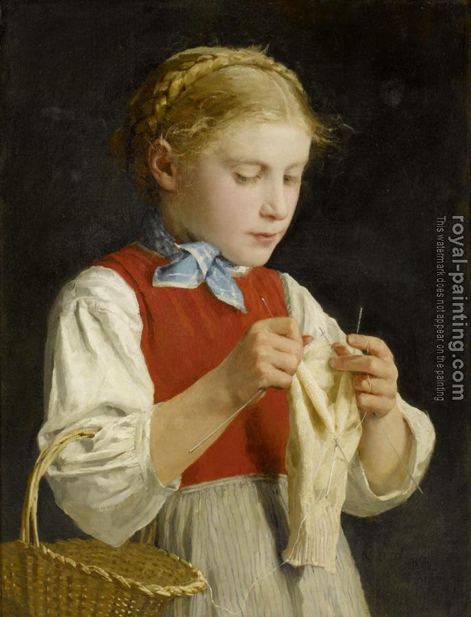 Albert Anker : Young girl knitting